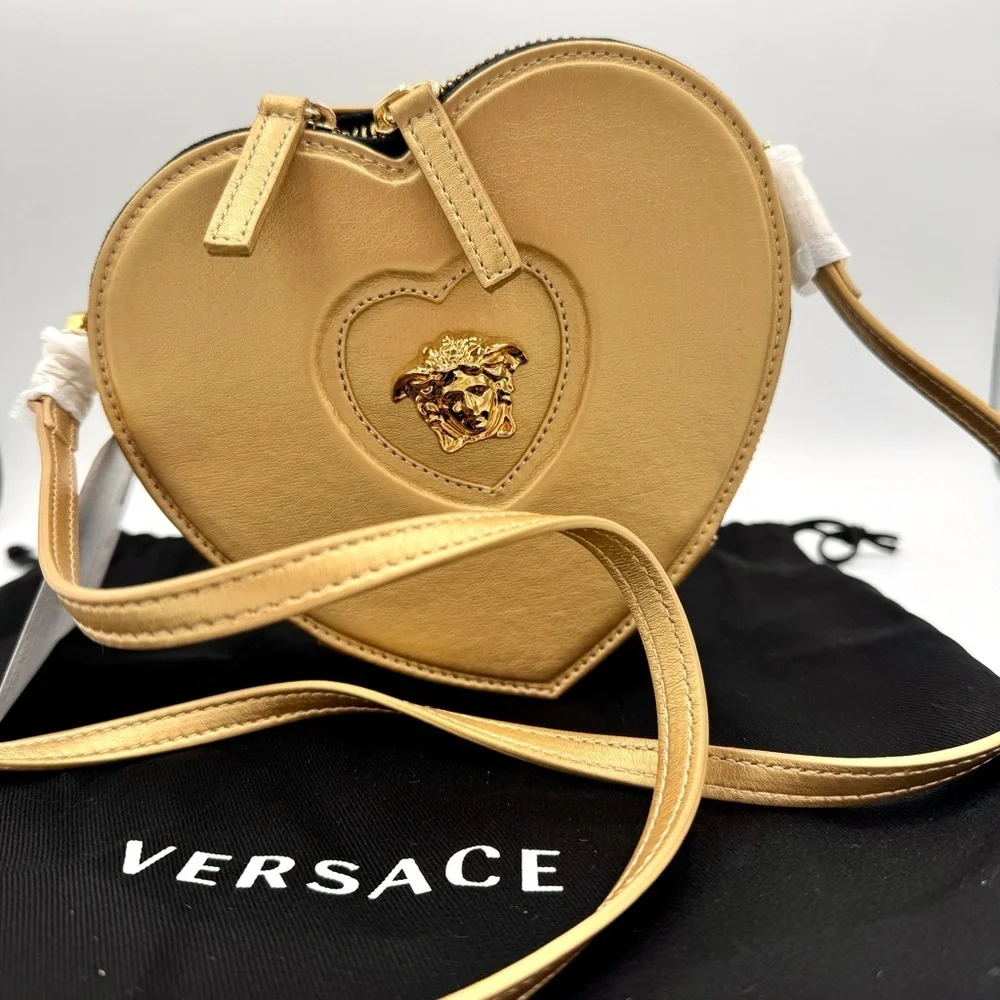 NWT Versace Heart Medusa Crossbody Strap Bag Gold Leather Kids Purse Logo Plaque